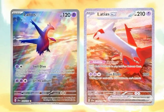 ¡Se revelan las cartas raras de ilustración de Latios ex y Latias ex de la expansión Surging Sparks!