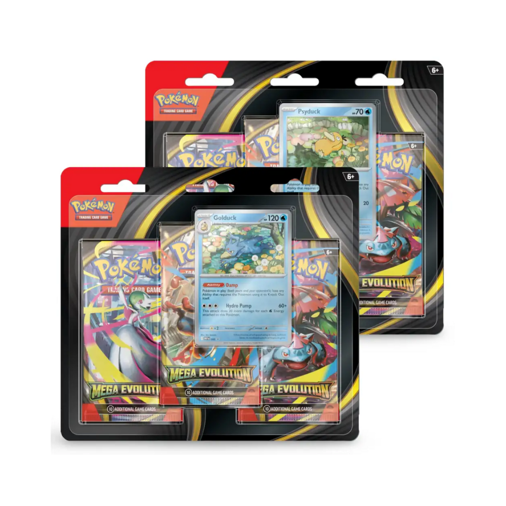 Pokémon TCG Mega Evolución Psyduck Golduck blister 3 sobres español